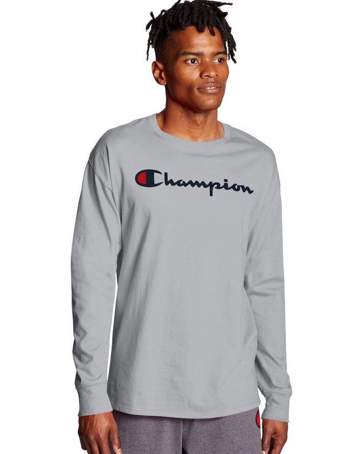 Champion Classic Long-Sleeve Script Logo Erkek Tişört Gri ( GADLIK768 )